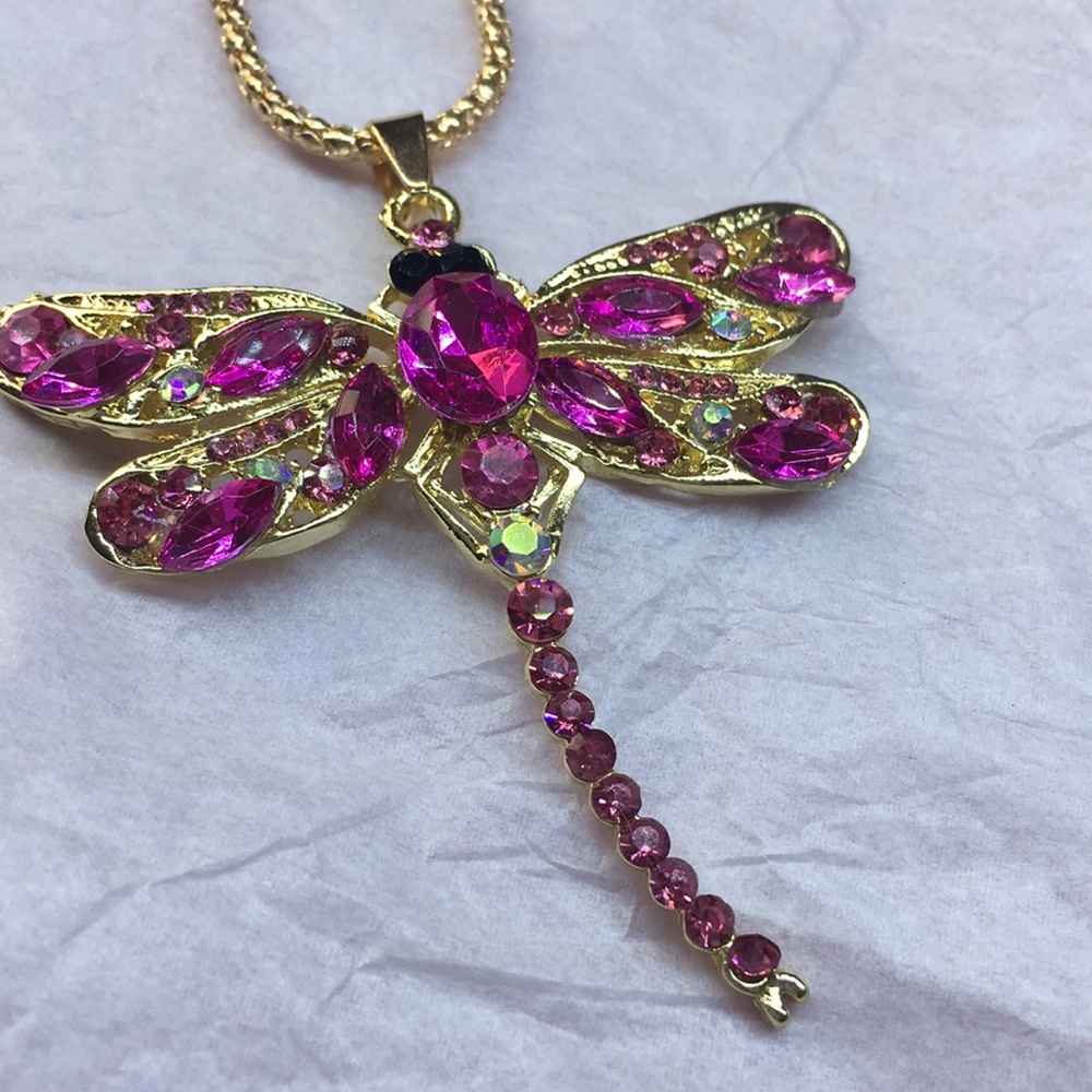 Pink and iridescent Jeweled dragonfly necklace
